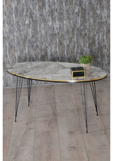 Zigon Sehpa Ve Orta Sehpa Elip Set Siyah Tel Ayak Çift Altın Efes