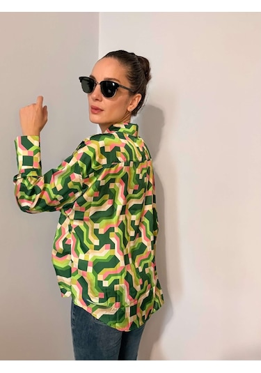 Ali Butik Retro Yeşil Desenli Saten Gömlek Yeşil
