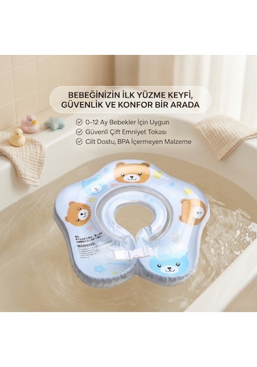 Bebek Boyun Simidi Ayıcık Figürlü Şeffaf Çift Emniyet Kilitli Mavi 1