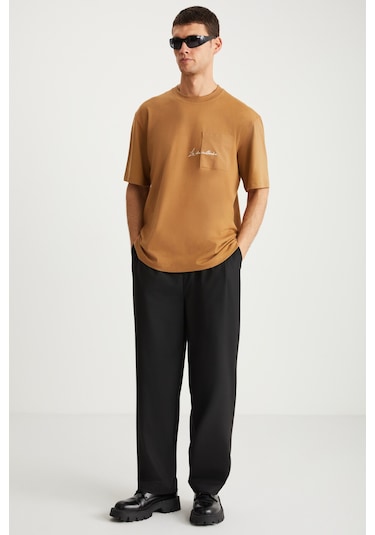Kravın Erkek %100 Pamuk Bisiklet Yaka Baskılı Kahverengi T-shirt