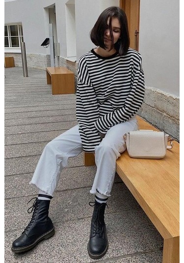 Siyah Çizgili Sweatshirt Mg2572 Siyah