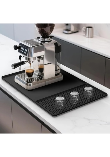 Elmpaly Siyah Yükseltilmiş Kenarlı Silikon Kahve Makinesi Matı Kurutma Paslanmaz Yüzey Bulaşık Makinesi Uyumlu
