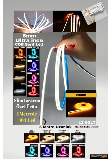 Ultra Ince 5mm. Kalınlık Cob Şerit Led 2000k Neon Gibi Yanar.
