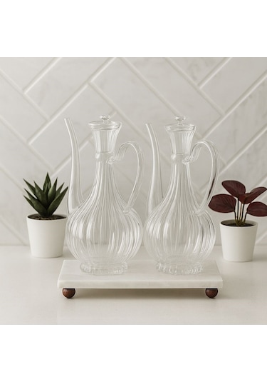 Qerhome Mermer Stantlı Borosilikat Cam Glorry Cam Yağlık 700 Ml+700 Ml Çizgili Tasarım Şeffaf