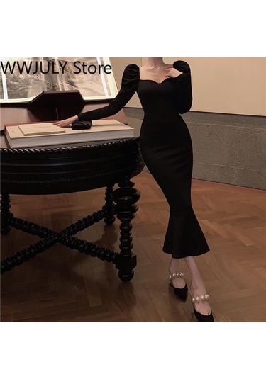 2021 Kış Vintage Denizkızı Elbise Kadın İnce Parti Tek Parça Elbise Kore Moda Uzun Kollu Siyah Y2k Midi Elbise Bayan Zarif Siyah