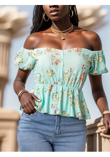 Munn Collection Kadın Kısa Kollu Madonna Yaka Çiçek Desenli Düğme Detay Gipeli Süprem Kumaş Bluz Yeşil