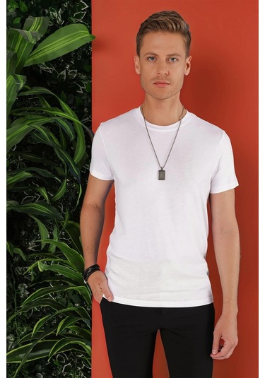 Slim Fit Bisiklet Yaka Düz Pamuklu Beyaz Tişört Ts 823 Beyaz