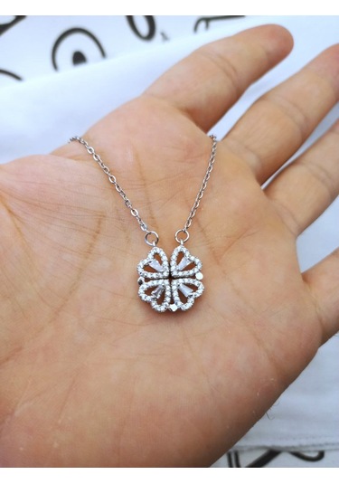 Mıknatıslı Açılır Kapanır Yonca Kalpli Zirkon Taşlı Gümüş Kolye Çok Renkli