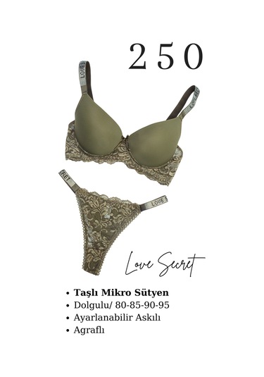 Murays Kadın 3lü Taşlı Mikro Sütyen Takım Gri/siyah/haki