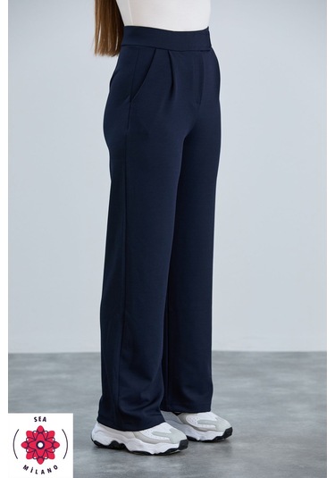 Kadın Gri Cırt Cırtlı Kapama Rahat Palazzo Likralı Esnek Beli Lastikli Pantolon Yüksek Bel Lacivert