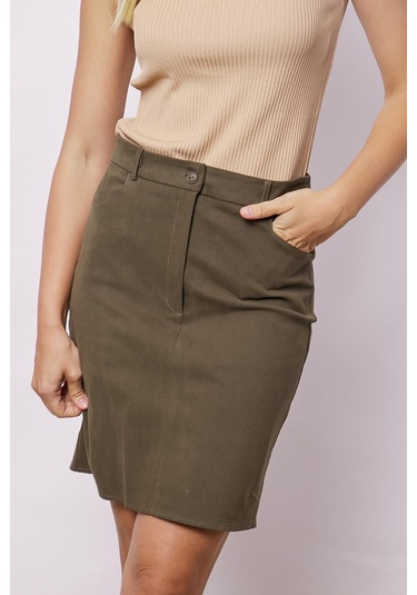 Kadın Cep Detaylı Diz Üstü Hafif Likralı Pamuklu Kumaş Kalem Etek-haki Haki