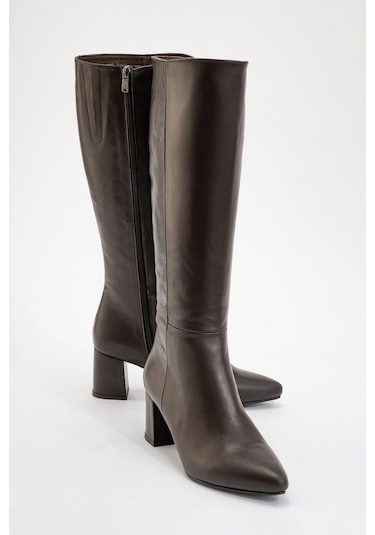 Sejas Kahverengi Hakiki Deri Kadın Topuklu Çizme Kahverengi