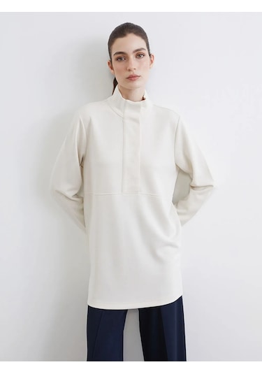 Lc Waikiki Bej Dik Yaka Soft Touch Kadın Sweatshirt Tunik