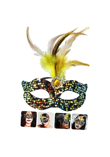 Siyah Kadife Üzeri Rengarenk Payetli Pullu Sarı Tüylü Sarı Taşlı Parti Maskesi 19x21 Cm