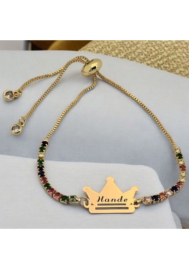 Hande İsmine Özel Renkli Taş Desenli Taç Motifli 14 Ayar Altın Plakalı Hediye Bileklik-489isim Hande