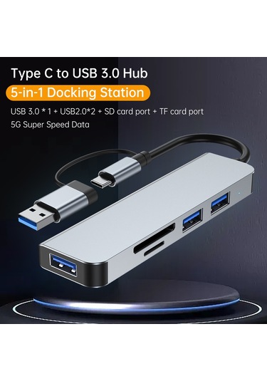 Fosenze Type-c'den Usb'ye Çevirici 5 Fonksiyonlu Hub: Usb3.0 5gbps + Usb2.0 3 + Sd/tf Kart Okuyucu, Alüminyum Gövde, Gri Renk