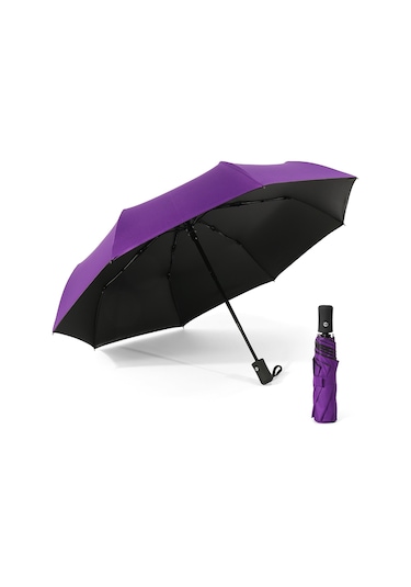 Moveevo Otomatik Açılıp Kapanır Siyah Jelik Güneş Ve Yağmur Şemsiyesi - 8 Kemikli Üç Katlı İş Stili Güneş Engeli Mor