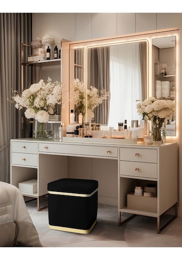 Zengo Gold Twin Line Kare Puf -siyah Kumaş, Dekoratif Makyaj Masası Pufu-modern Style