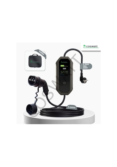 Coswatt Taşınabilir Şarj Cihazı 3.5 Kw / 16a / Tip-2 / Ev Tipi Schuko Fiş / 5m Kablolu / 220v Ac + Taşıma Çantası