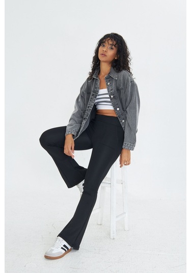 Lesa Wear Kadın Siyah Yüksek Bel Toparlayıcı Çift Cepli İspanyol Paça Tayt Bootcut Siyah