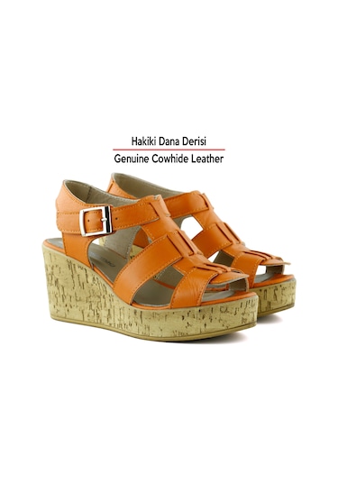 Erkan Saçmacı Xena Turuncu Hakiki Dana Derisi Mantar Taban Görünümlü Dolgu Topuklu Gladyatör Sandalet Turuncu