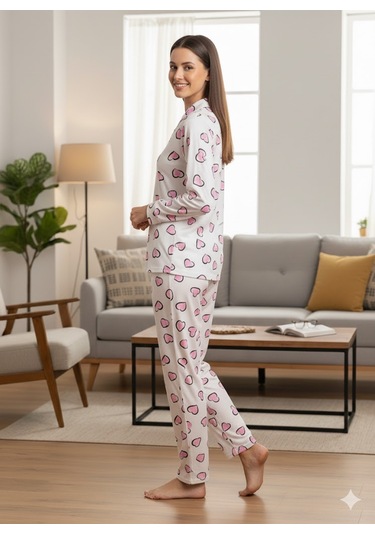 Kadın Düğme Detaylı Pijama Takım Beyaz