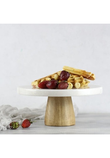 Akayev Mermer 25 CM Konik Ahşap Ayaklı Beyaz Kalın Yuvarlak Sunum