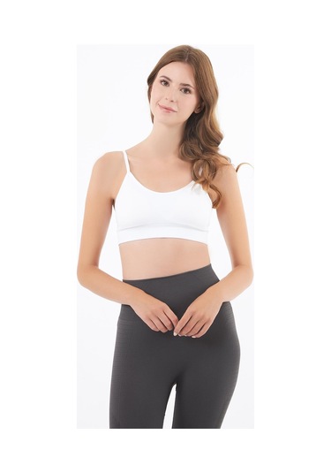 Beyaz İp Askılı Çıkarılabilir Kaplı Seamless Kadın Crop Atlet Beyaz