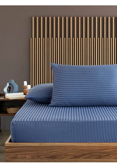 İndigo Mavi Pamuklu Çizgili Saten Lastikli Çarşaf Takımı Tek Kişilik + 1 Yastık Kılıfı Lacivert