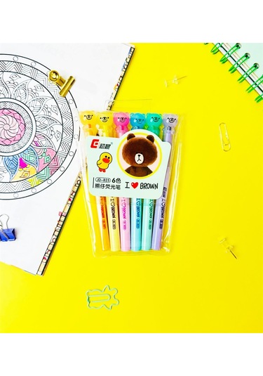 Ayıcık Figürlü 6'lı Fosforlu Kalem Seti Çok Renkli