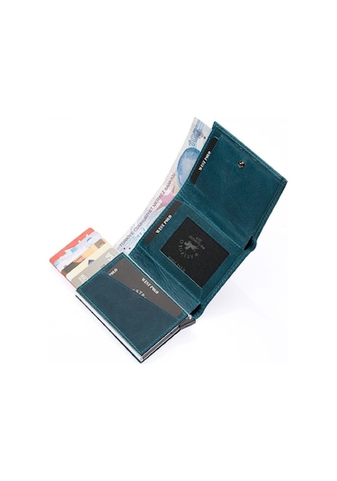 Safari Bol Kartlık Bölmeli Hakiki Deri Unisex Mekanizmalı Cüzdan Turkuaz