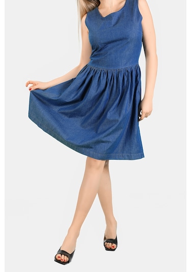 Kolsuz İnce Kot Elbise Mavi