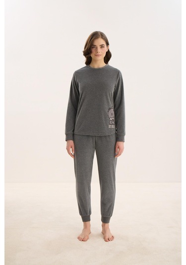 Kadın Uzun Kol Antrasit Kadife Pijama Takım C3t8n0o61 001