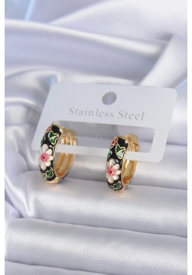 Pirinç Gold Renk Siyah Çiçek İşleme Kadın Küpe Çok Renkli