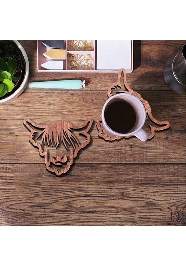 Hayvan Tasarımlı Ahşap Bardak Altlıkları,ahşap Highland İnek Bardak Altlıkları Kahverengi