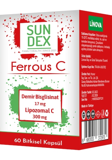 SUNDEX Ferrous C Demir Bisglisinat + Lipozomal C 60 Kapsül
