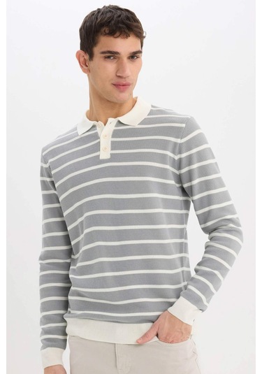 DeFacto Standart Fit Polo Yaka Çizgili Triko Kazak E7604AX24WNGR253