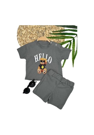 9-12-18-24 Ay Hello Gözlüklü Ayıcık Baskılı Şortlu Kısa Kollu Tişört 2li Erkek Bebek Takımı Gri