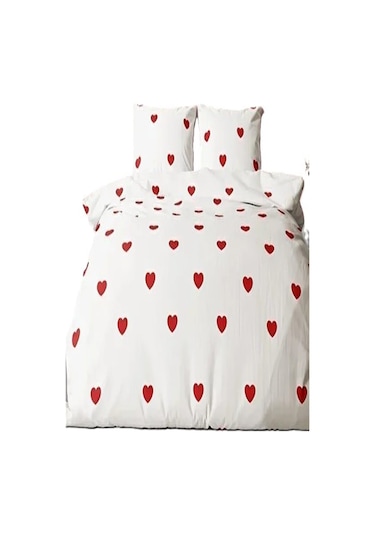 More Home Çift Kişilik Nevresim Takımı Lastikli Çarşaflı Kalpli Kırmızı - Beyaz