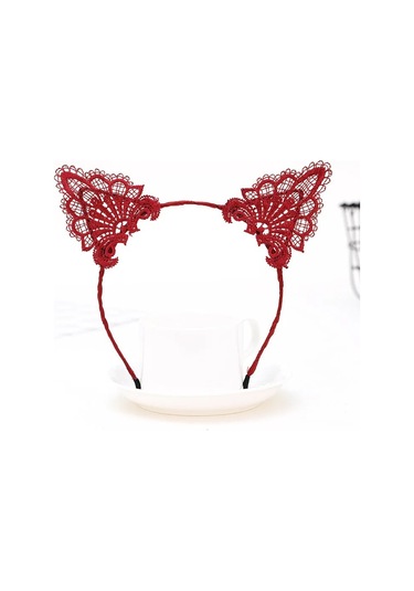 Dantelli Kırmızı Kedi Tacı - Vintage Tarz Dantel Kedi Kulak