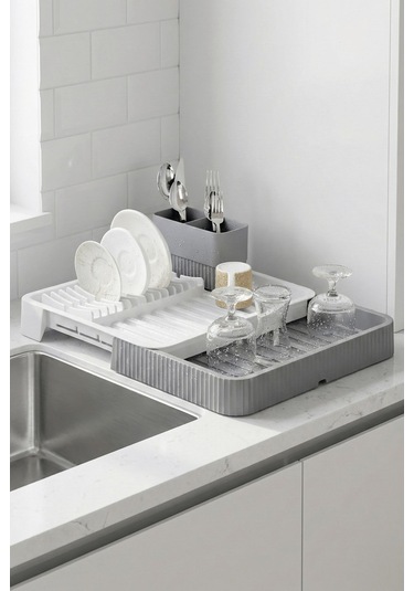 Gri - Uzayabilir Sürgülü Bulaşık Sepeti, Lavabo/tezgah Üstü Açılır Kapanır Bulaşıklık Kurutma Sepeti Gri