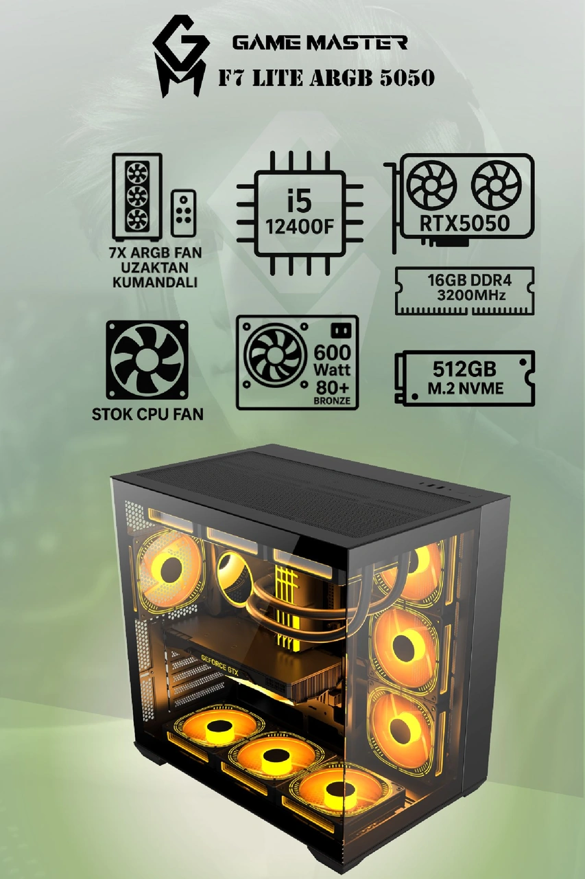 Game Master F7 Lite Argb i5-12400F 16 GB 512 GB SSD RTX5050 Free Dos Masaüstü Oyuncu Bilgisayarı