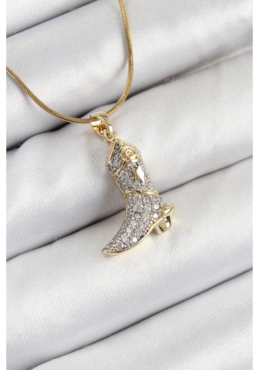 Çelik Zirkon Taşlı Çizme Model Gold Renk Kadın Kolye Çok Renkli