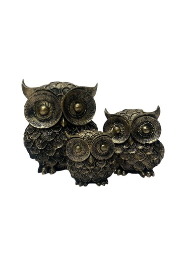 Dekoratif Polyester Üçlü Baykuş Biblo Set Gold Eskitme