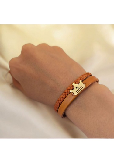 Archin N Harfine Özel Taç Motifli 14 Ayar Altın Plakalı Kahverengi Derili Hediye Bileklik-467harf N