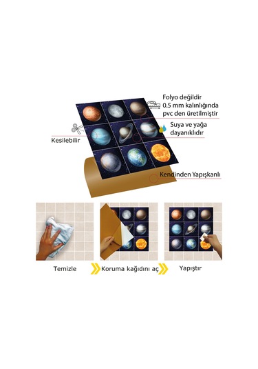 Tink Kendinden Yapışkanlı Renkli Gezegen Desenli Pvc Karo 30x30 Cm