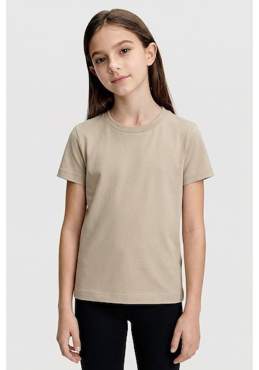 Bej O Yaka Standart Fit Basic Unisex Çocuk T-shirt - 11328 Bej