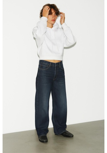 Üç İplik Kapüşonlu Crop Sweat Ekru