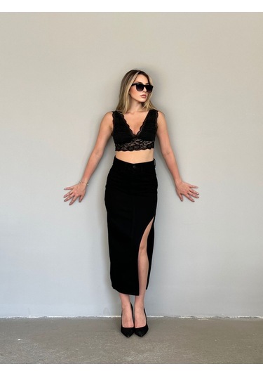 Shevega Kadın Siyah Uzun Ön Parçali Asimetrik Kot Etek Siyah