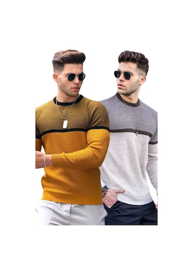 Hardal/bej Renk Bloklu Erkek 2'li Paket Kazak 4734 Hardal/bej